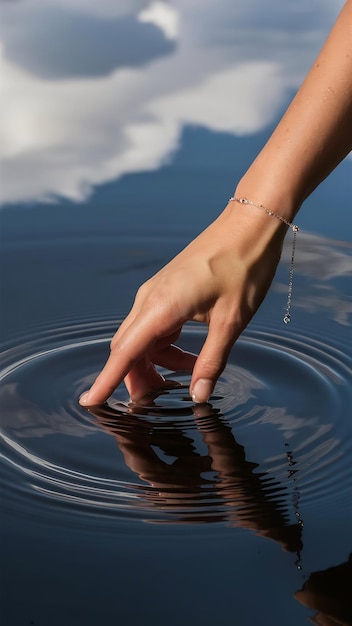 Photo close up woman hand gently touches the surface of the water