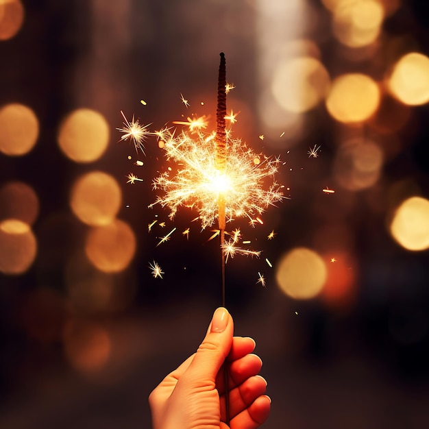 Close up of woman hand holding sparkler against bokeh background