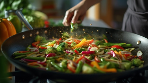 Photo close up woman hands cooking vegetables in wok pan