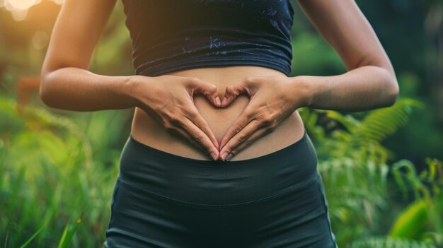 Photo close up of woman hands making heart shape on her stomachgut health and microbiome