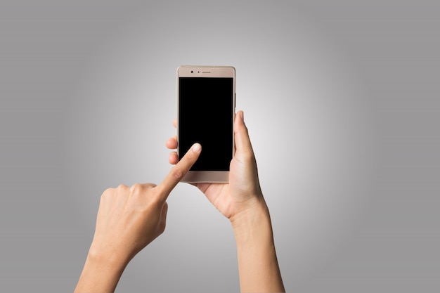 Close Up woman hands typing on mobile phone isolated on white background.