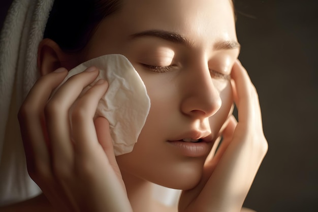 close up of a woman in her 20s cleansing her face with a pad