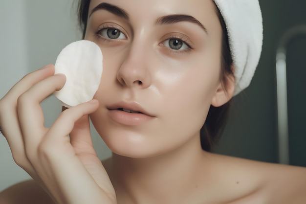 close up of a woman in her 20s cleansing her face with a pad