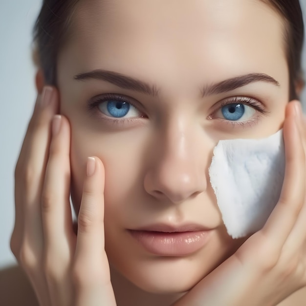 close up of a woman in her 20s cleansing her face with a pad