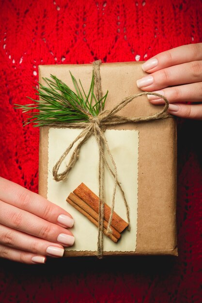 Close up on woman holding a Christmas gift