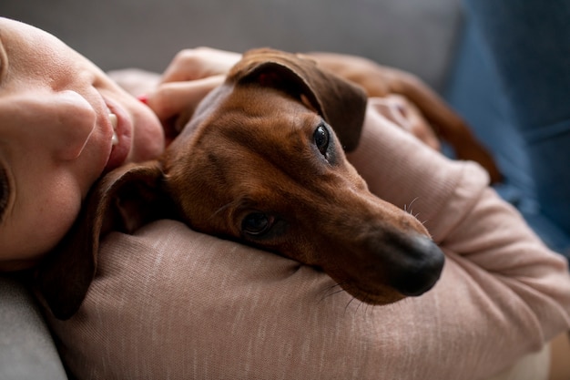 Close up on woman hugging her pet dog