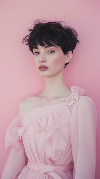 A close up of a woman in a pink dress posing for a picture Pink tshirt mockup urban