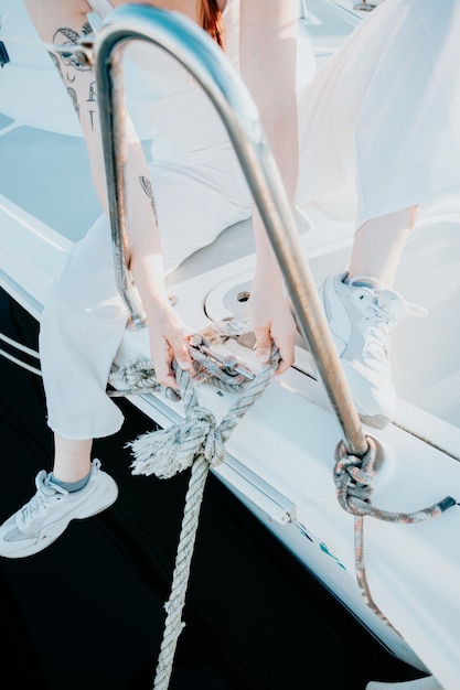 Close up woman preparing with her hands a knot and bow of the boat Making of nautical knot on her yacht getting ready to sail while traveling the mediterranean sea Luxury travels