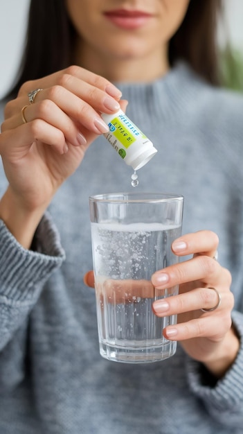 Photo close up of woman putting effervescent medicament in water glass for sickness treatment