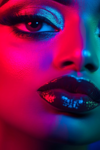 Photo close up of a woman s eye and lips with glittery makeup under neon lights