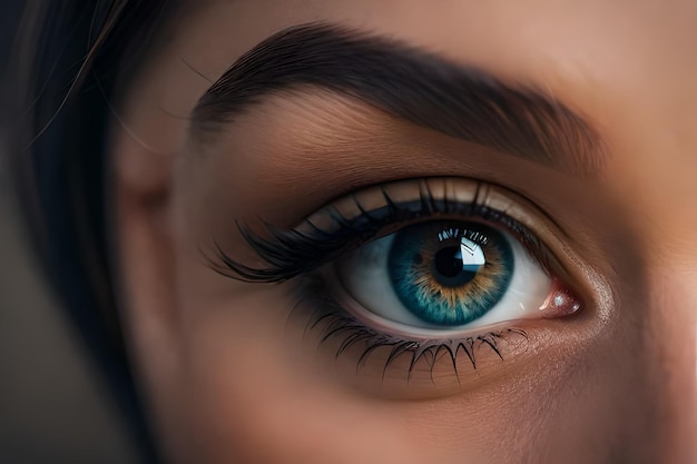 A close up of a woman's eye with blue eyes