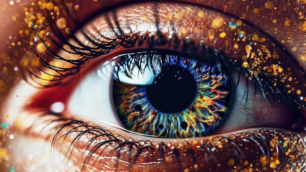 A close up of a woman's eye with a colorful eye