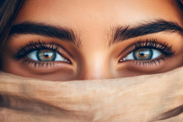 Photo close up of woman s eye with long eyelashes behind gauzy fabric