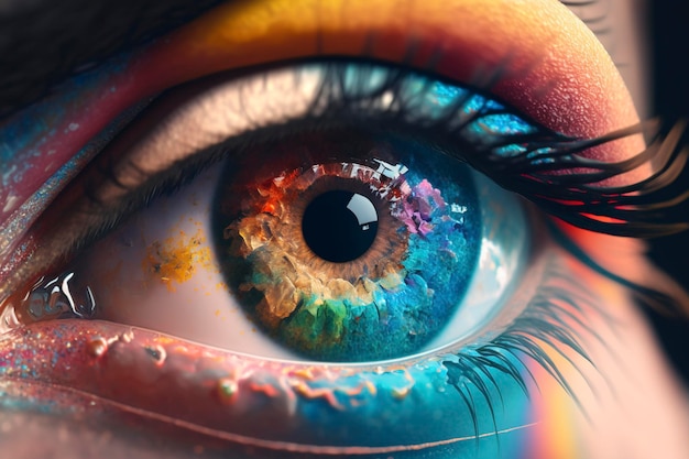 A close up of a woman's eye with rainbow colored eyes