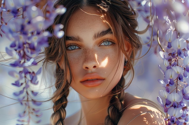 A close up of a woman s face surrounded by purple flowers