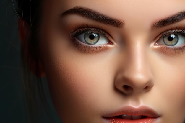 Close up of woman's face with blue eyes and long eyelashes Generative AI