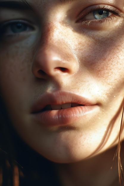 A close up of a woman's face with freckles and a clear blue eye.