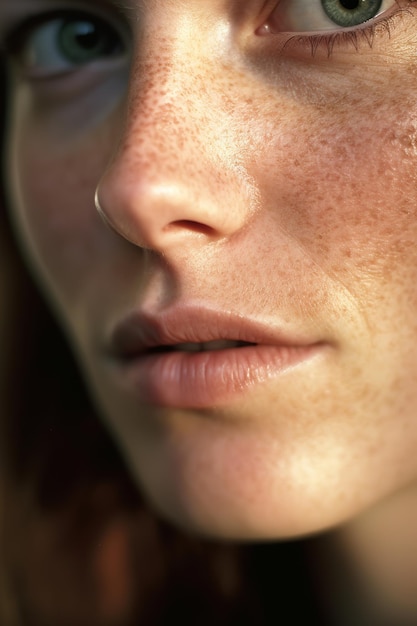 A close up of a woman's face with freckles and a nose