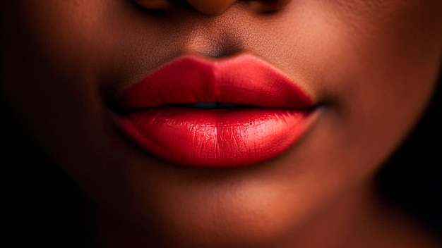 A close up of a woman's face with a red lip gloss.