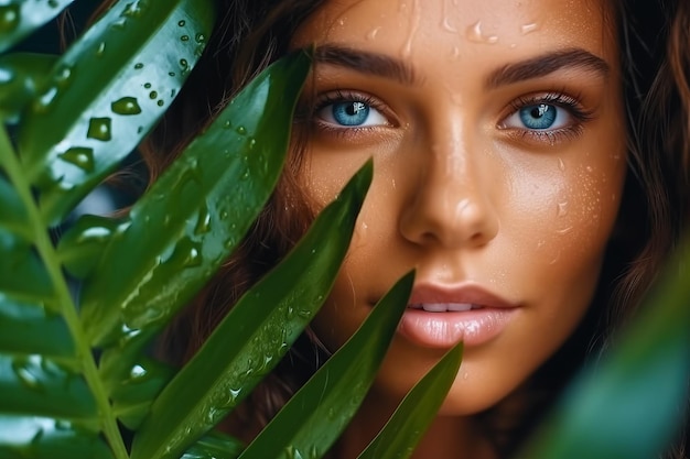 Close up of woman's face with water drops on her face Generative AI