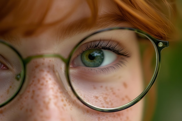 Photo close up of a woman s green eye with glasses and freckles