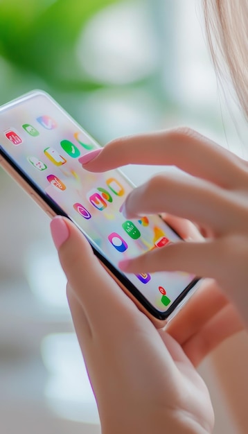 Photo close up of a woman s hand using a smartphone with colorful app icons on a white background