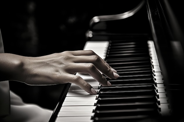 Close up of a woman s hands playing piano in black and white