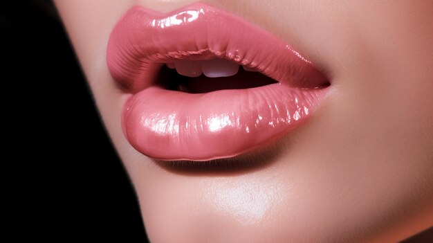 A close up of a woman's lips with a pink lip gloss.