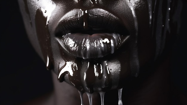 A close up of a woman's mouth covered in chocolate