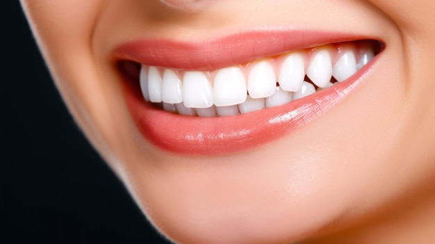 Close up of woman's teeth with white teeth and gums Generative AI