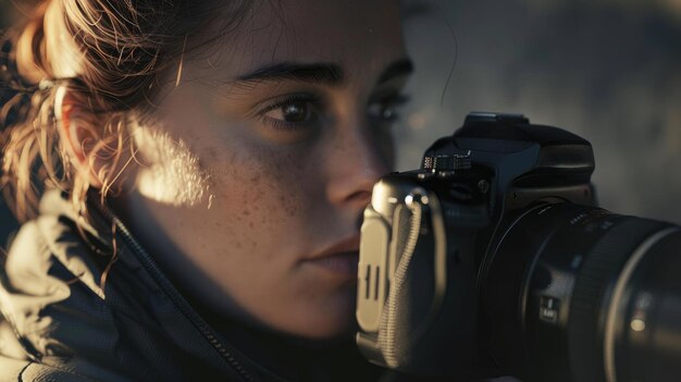 Photo close up woman taking photos with camera