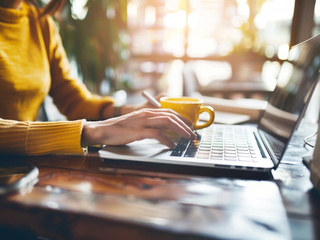 Close up of woman typing on laptop with latte cup on wooden table in cafe soft natural lighting