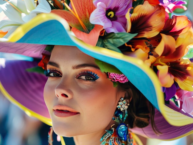 Close up of woman in vibrant hat with giant flowers during daytime at horse racing event