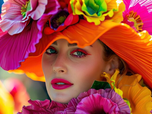 Close up of woman in vibrant hat with giant flowers during daytime at horse racing event