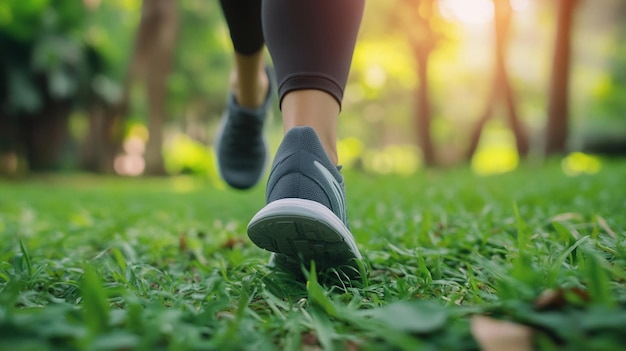 Close up of an woman wear running shoe on to walking and running on nature green background