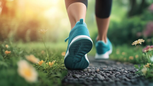 Close up of an woman wear running shoe on to walking and running on nature green background