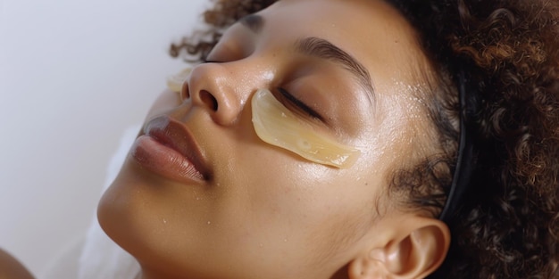 Close up of a woman wearing eye patches