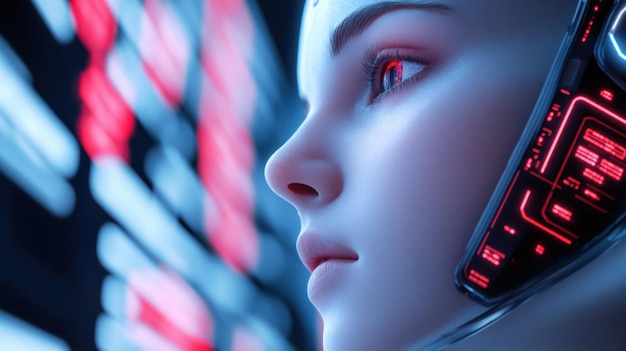 A close up of a woman wearing futuristic looking headgear AI