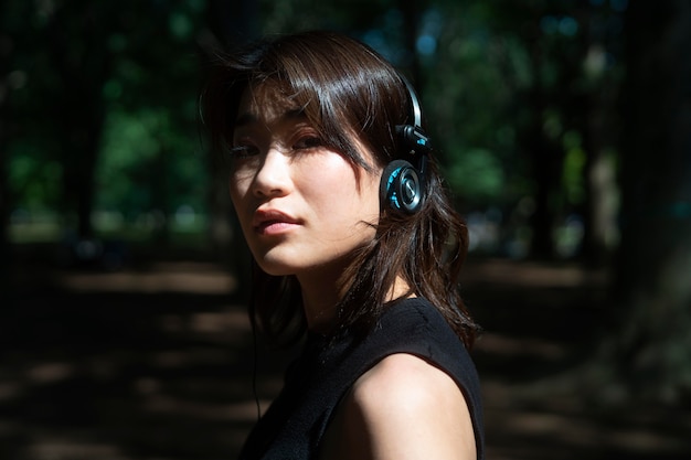 Close up woman wearing headphones