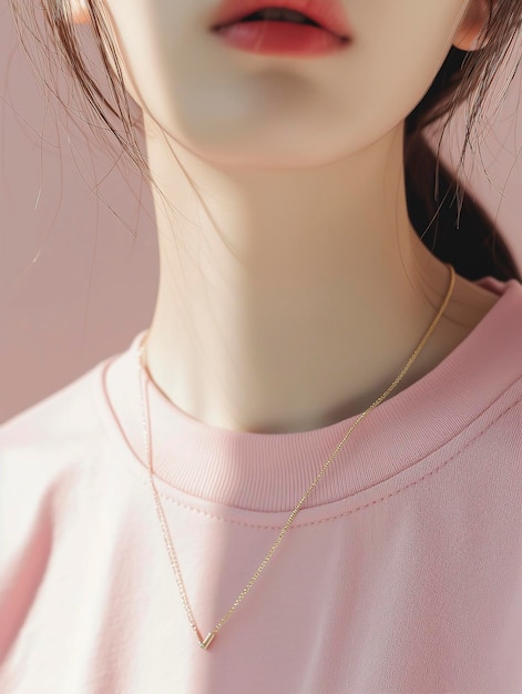 A close up of a woman wearing a pink shirt and a gold necklace Pink tshirt mockup with tag