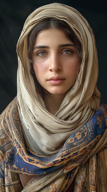 A close up of a woman wearing a scarf and a scarf