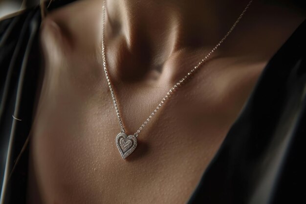 Close Up Of Woman Wearing Silver Heart Necklace