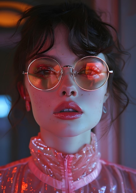 A close up of a woman wearing sunglasses and a pink jacket