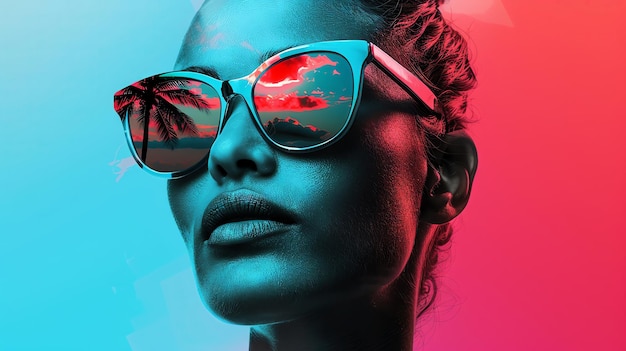 Photo close up of woman wearing sunglasses with a tropical beach reflected in the lenses the background is a vibrant gradient of blue and red the image is stylized and surreal