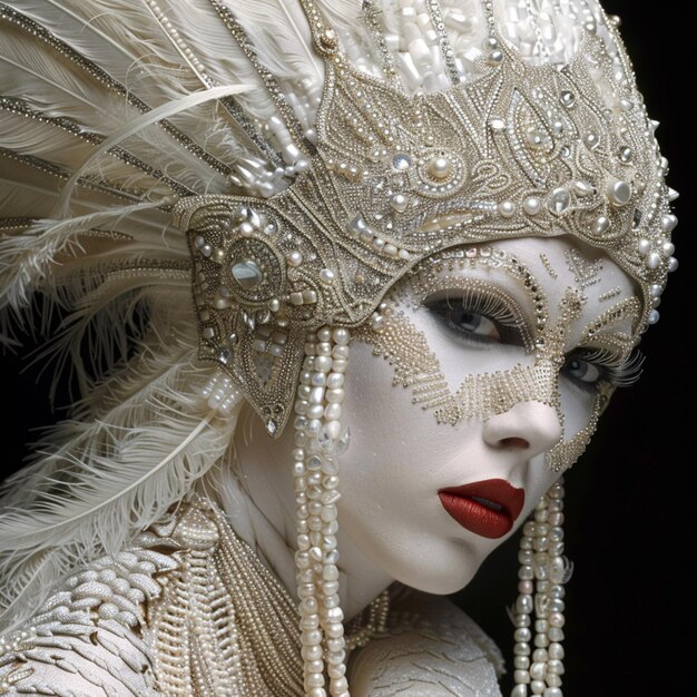 a close up of a woman wearing a white costume with feathers generative ai