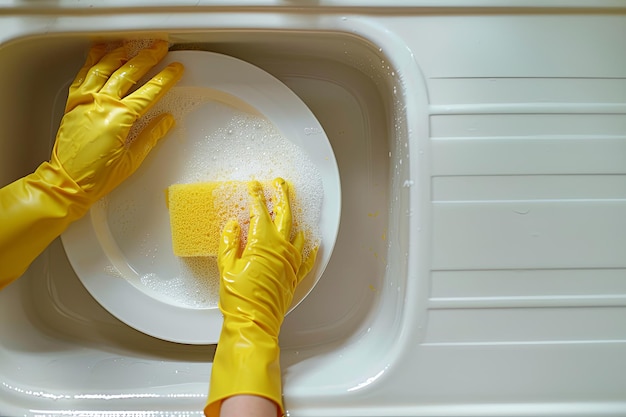 close up of a woman wearing yellow rubber gloves washing a plate with a yellow sponge in a white sink in the kitchen top view