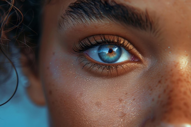 close up woman with blue eye