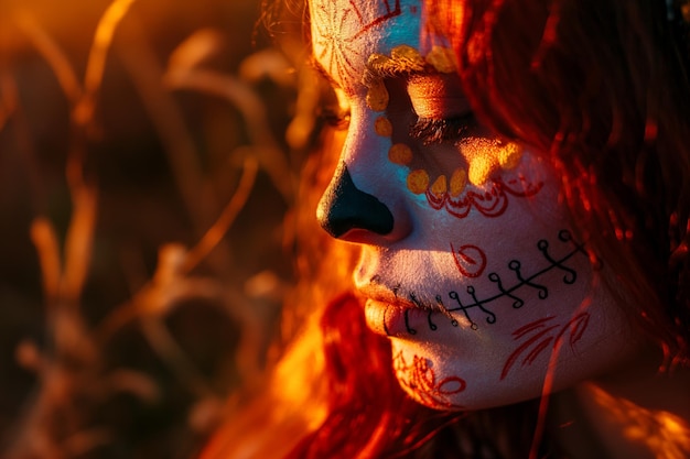 Close Up of a Woman with Day of the Dead Face Paint in Sunlit Field