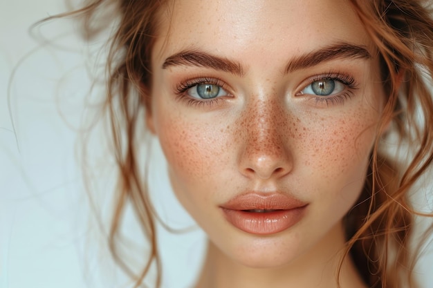 Close up of woman with freckles on face