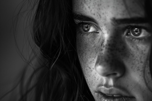 a close up of a woman with freckles on her face generative ai